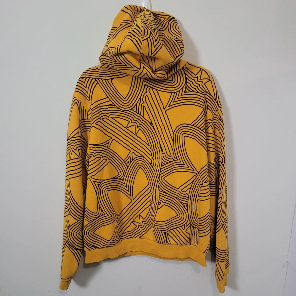 Adidas Large Hoodie Mens Yellow Black Trefoil All Over Print Graphic Pullover